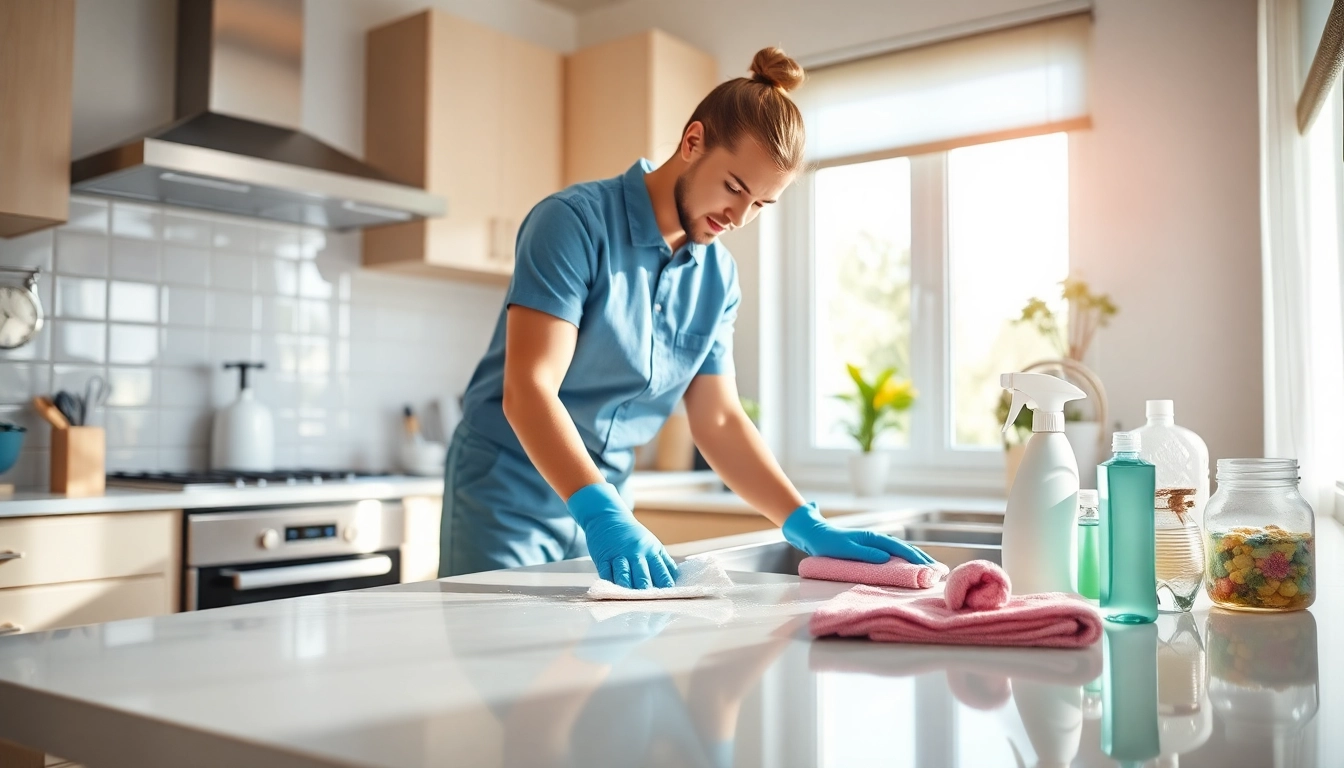 Cleaner performing deep cleaning services USA in a bright kitchen, emphasizing professionalism and sparkle.