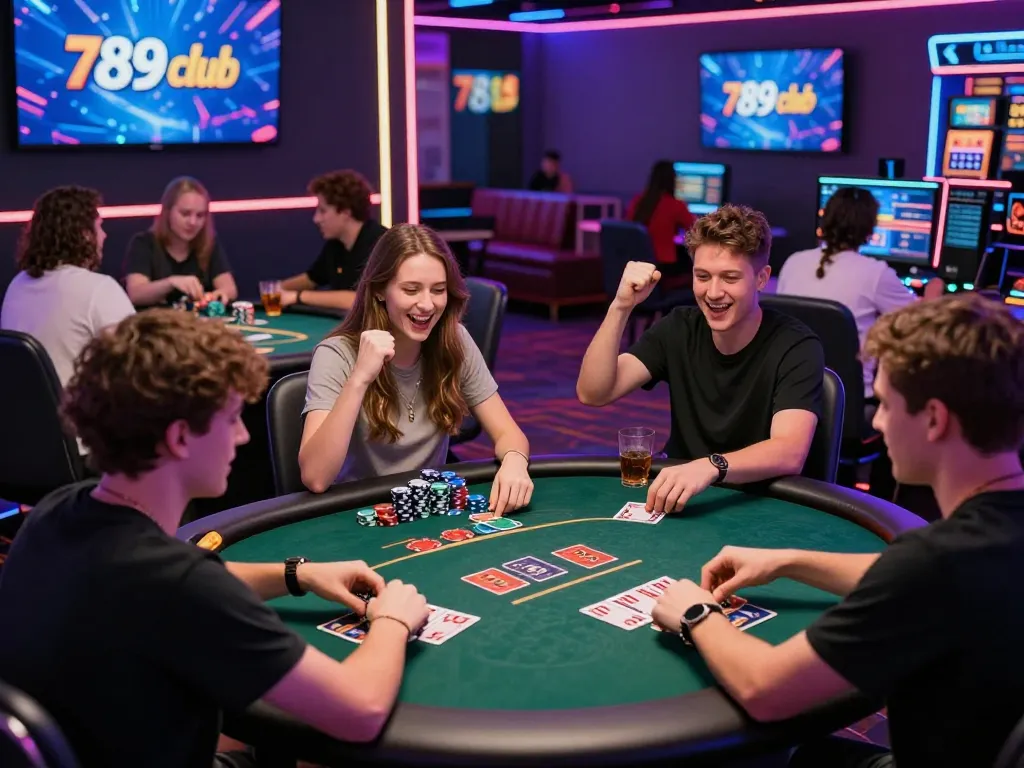 Exciting scene at the 789 club, showcasing energetic players at online casino tables.