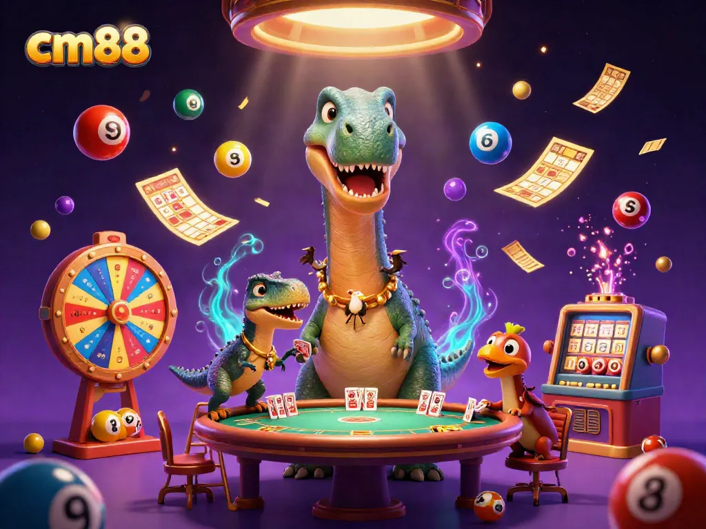 Experience thrilling gameplay with cm88 as a giant brontosaurus watches a clever raptor deal cards in a vibrant casino scene.