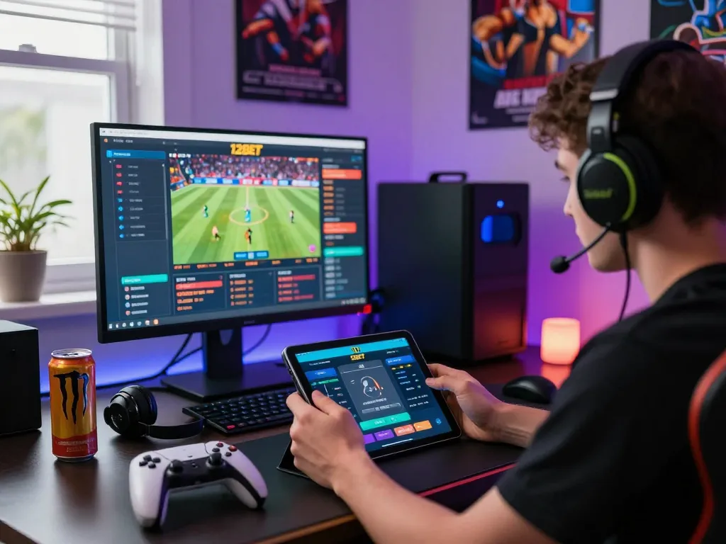 Exciting user engaging with the 12Bet app on a tablet in a vibrant gaming environment, surrounded by gaming gear and LED lights.