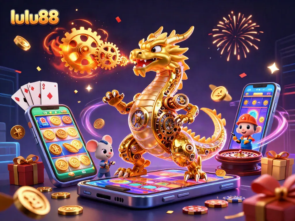 Lulu88 players engage with an exciting slot game while witnessing a golden dragon's magic.