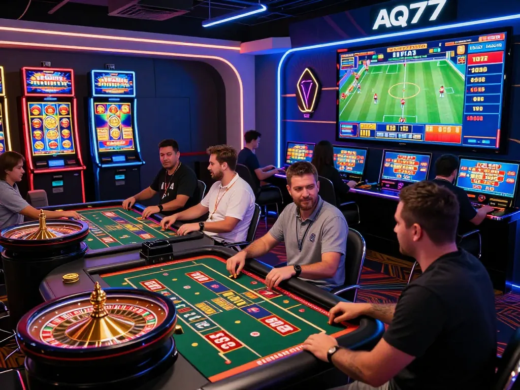 Players enjoying AQ777's thrilling online gaming experience with vibrant casino games and live interactions.