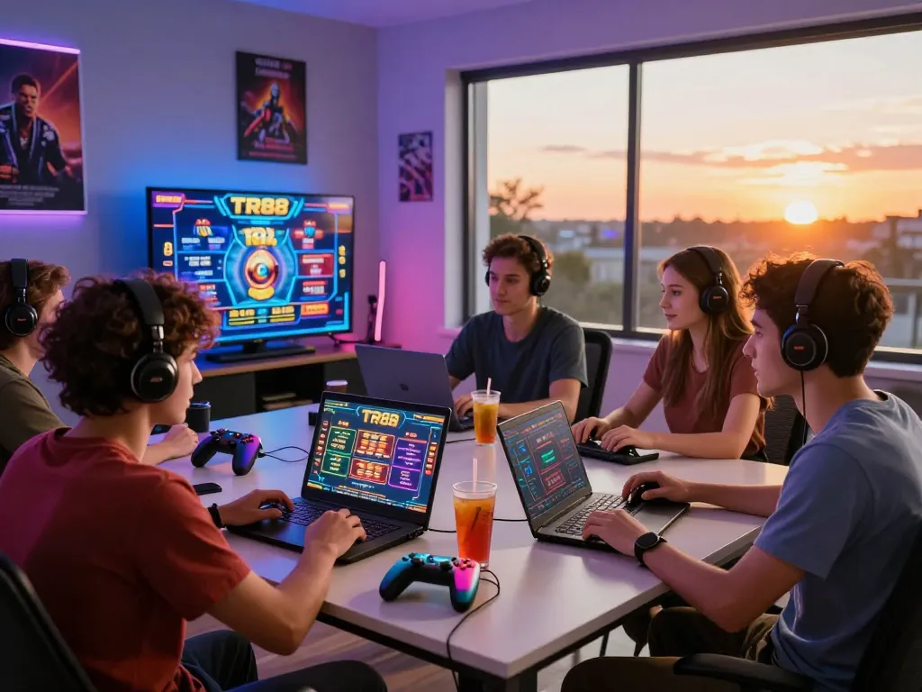 Group enjoying TR88 online gaming together, showcasing excitement and camaraderie