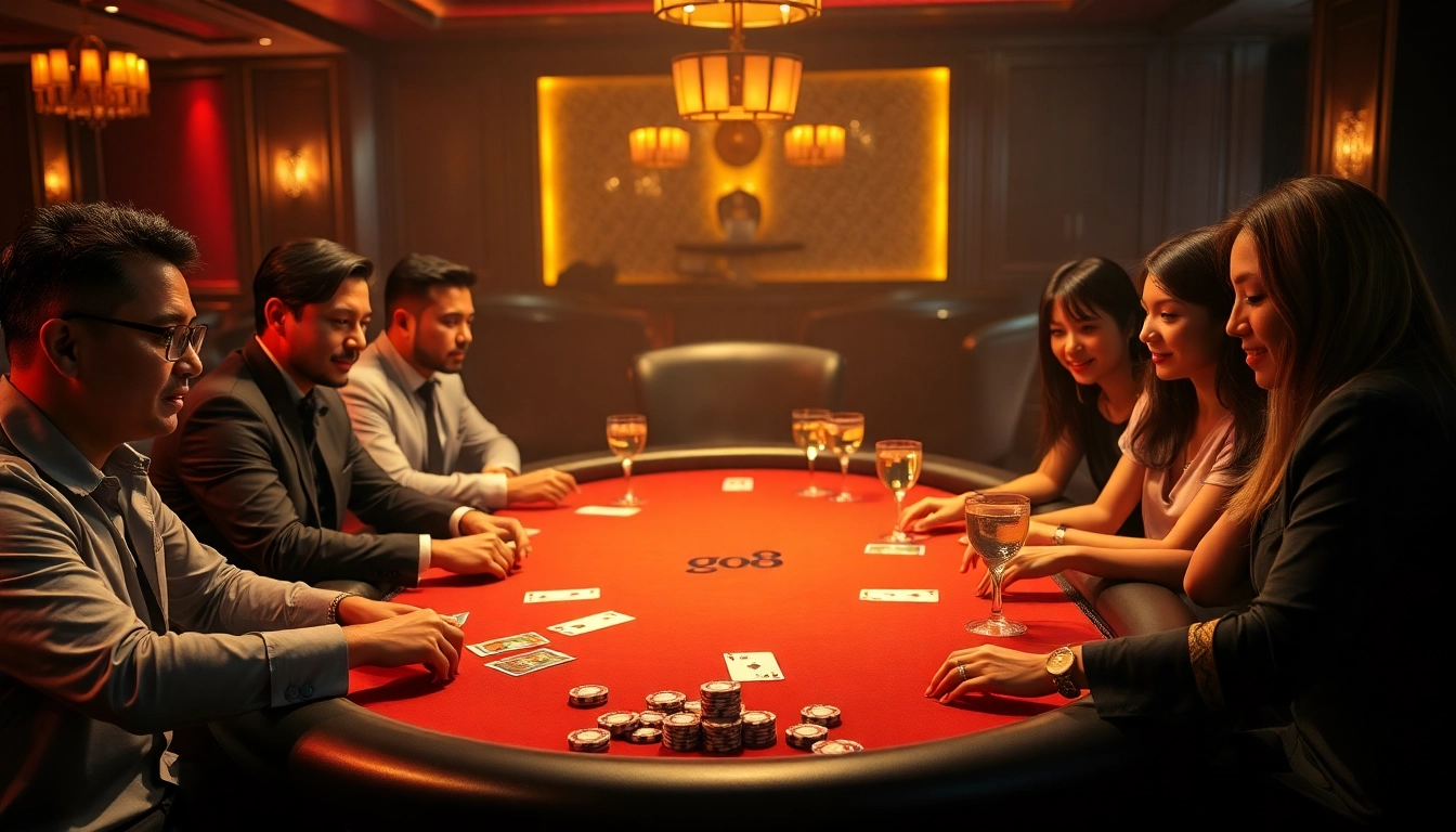 Engaging gamblers play poker in a luxurious casino scene, highlighting the excitement of go8.