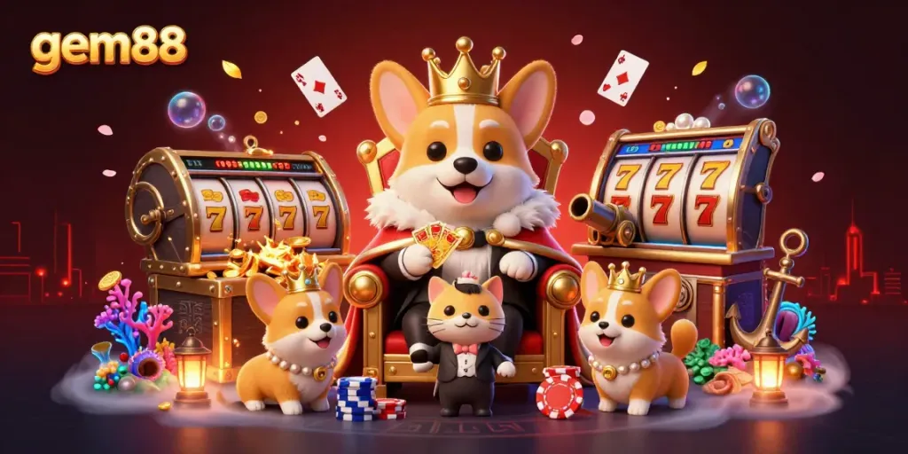 Experience gem88's vibrant online casino atmosphere with a royal corgi on a poker chip throne amidst dynamic gaming elements.
