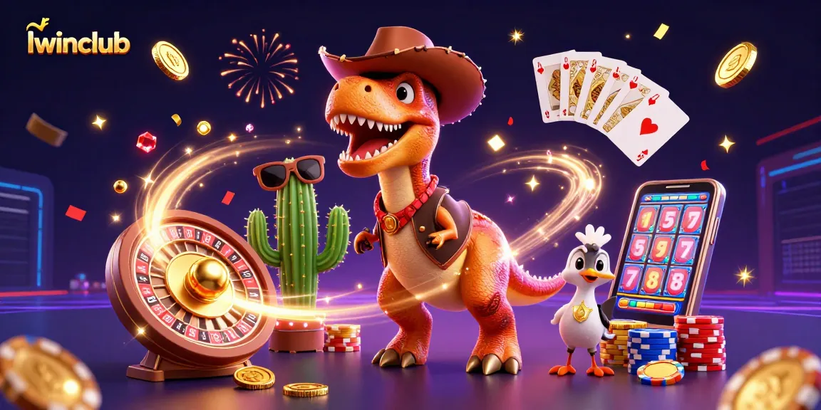 Iwinclub showcases thrilling casino action with a T-Rex, cactus, and roadrunner in a vibrant gambling scene.