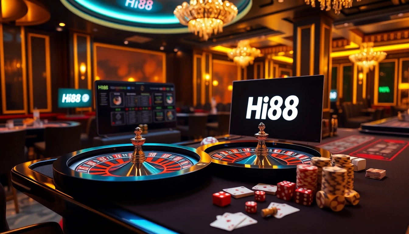 Players enjoying high-stakes games at Hi88's luxurious casino atmosphere.