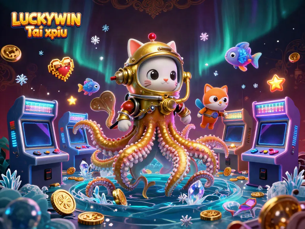 Experience the excitement of LUCKYWIN Tài xỉu with a dynamic kraken and diving cat in a treasure-filled sea.