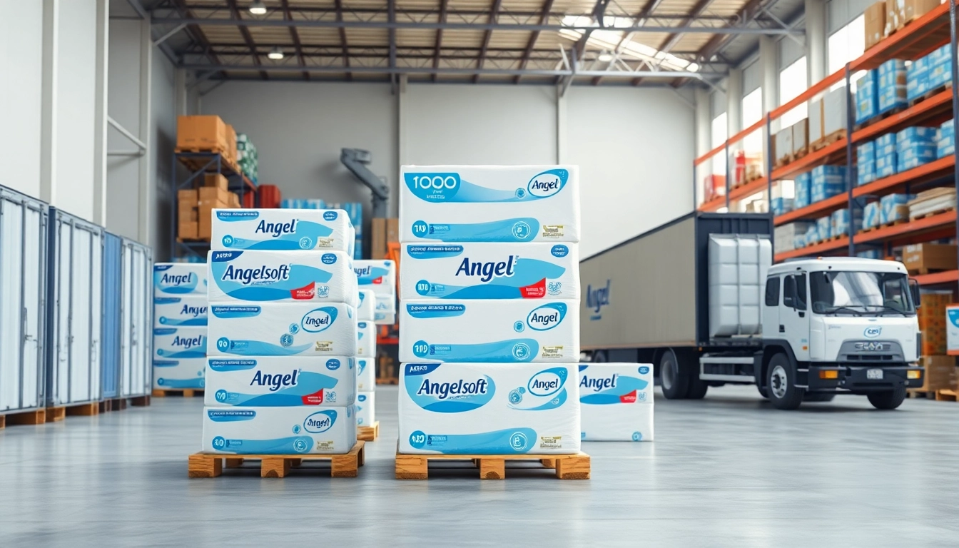 Showcasing Angel Soft Toilet Paper Pallets efficiently stacked in a bright, organized warehouse environment.