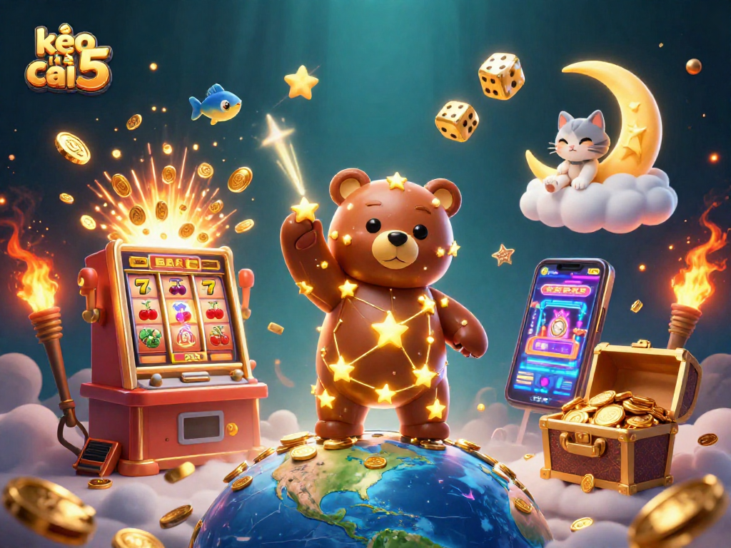 Engage with kèo nhà cái 5 in a vibrant 3D casino scene filled with winning symbols and excitement.