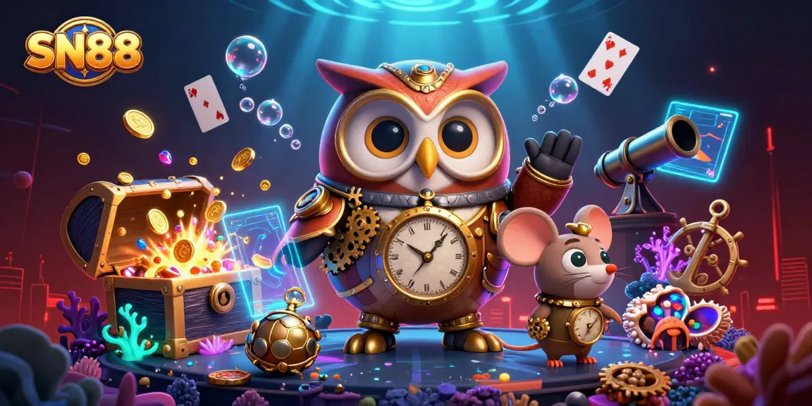 Engage in thrilling betting at SN88 with steampunk owl and vibrant casino elements.