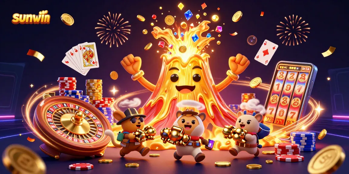 The sunwin logo shines over a vibrant 3D cartoon scene with a golden volcano erupting coins and gems, inviting players to a thrilling gaming experience.