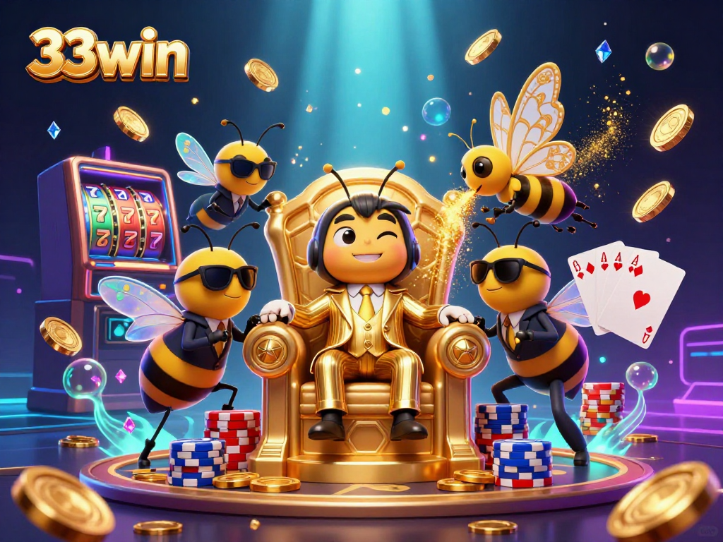 Experience thrilling action and slots excitement with 33win's vibrant casino illustration featuring dynamic characters.