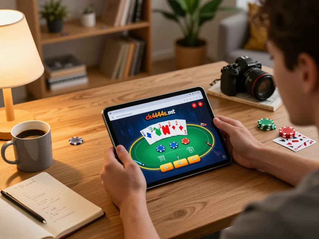 Player enjoying poker on ck444s.net with strategic notes in a cozy home setting.
