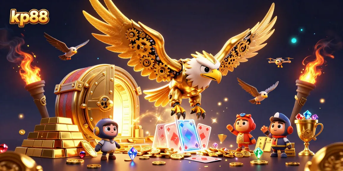 Experience exciting gaming at kp88 with a golden eagle soaring amidst treasures and cards.