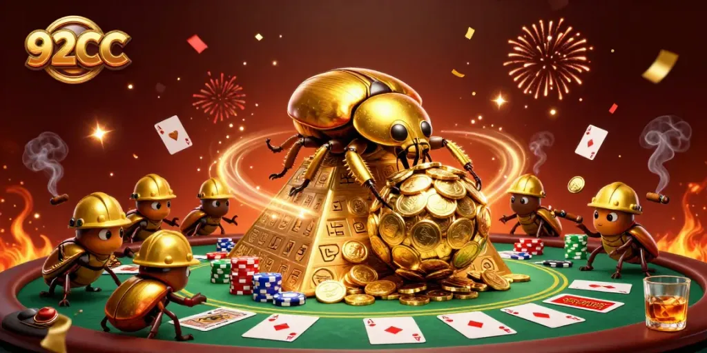 Watch the 92CC beetles gather gold coins at a vibrant casino-inspired scene.