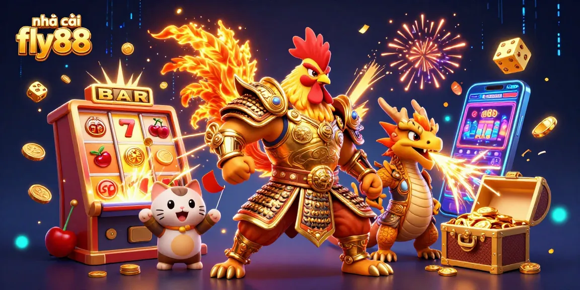 Experience the thrill of nhà cái fly88 with a dynamic 3D casino scene featuring a powerful rooster warrior.