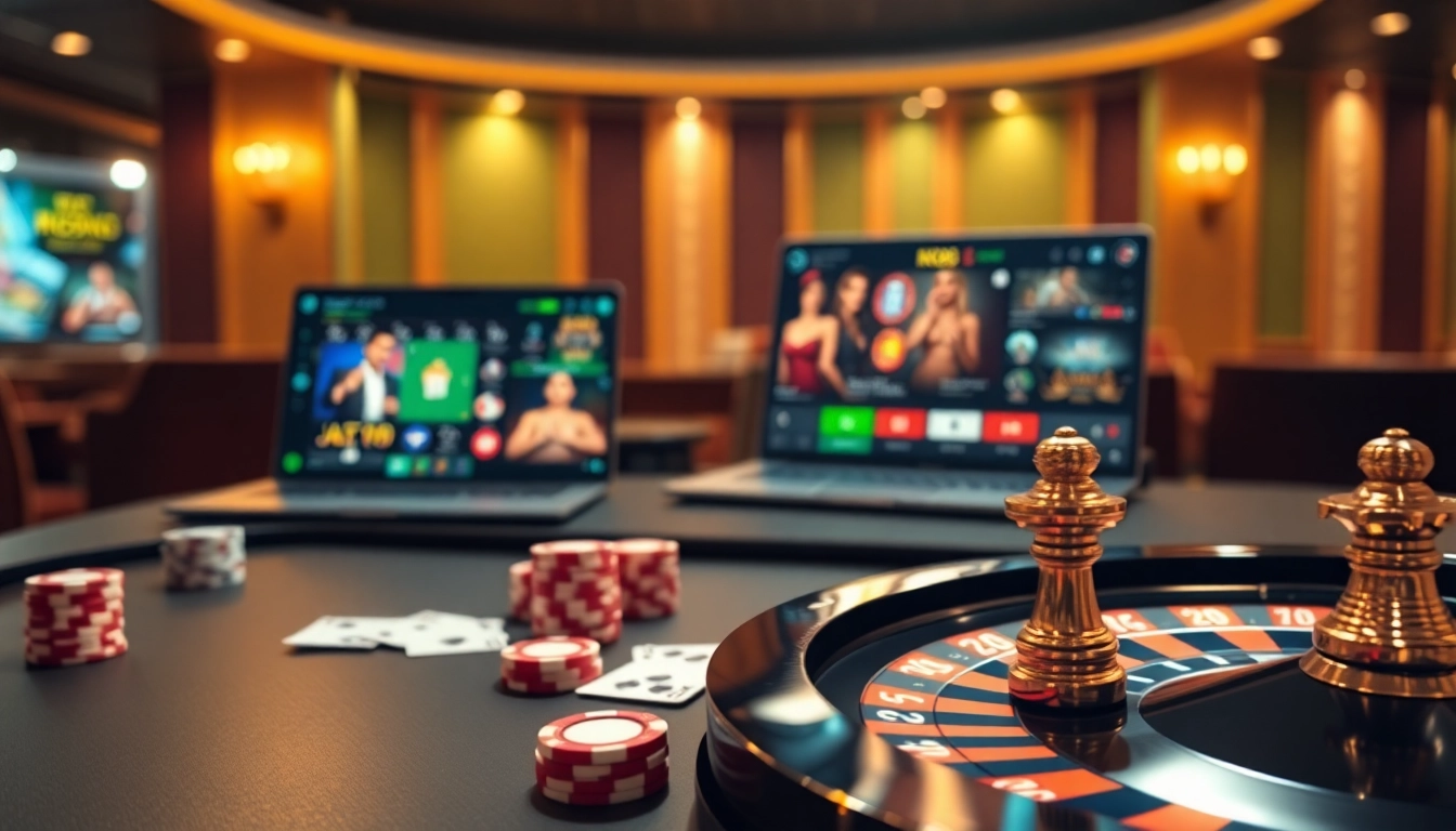 Navigating NK88's online gambling experience with luxurious casino elements like poker chips and a roulette wheel.