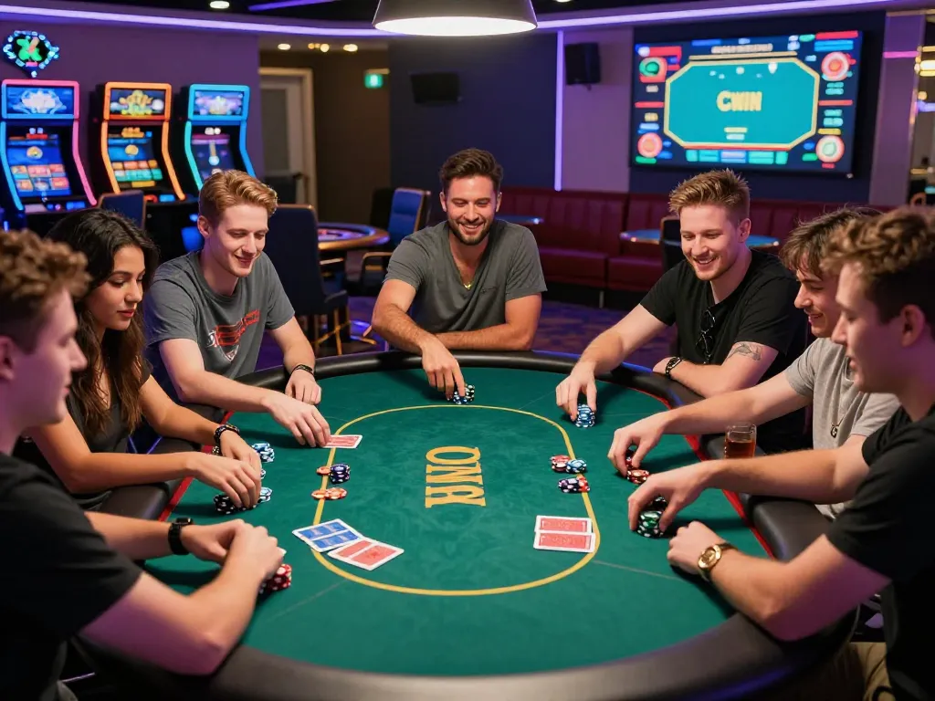 Friends enjoying a lively poker game at CWIN casino, showcasing excitement and camaraderie.