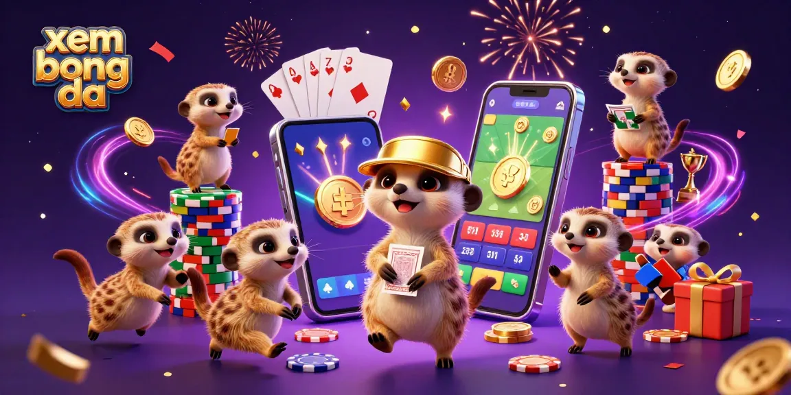 Xem bong da with meerkats in a vibrant sportsbook scene, celebrating gaming excitement and wins