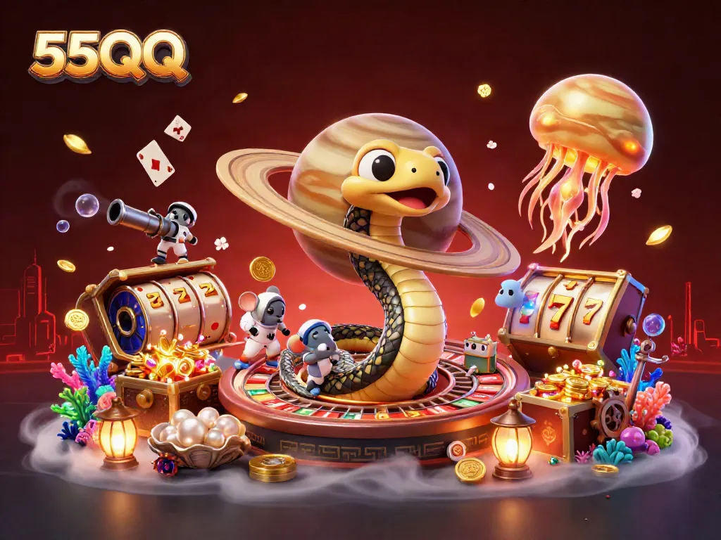 Engage with 55QQ's thrilling cosmic casino experience featuring vibrant characters and games.