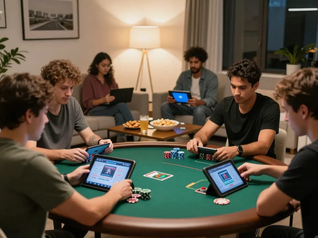 Players enjoying mk8 online poker gameplay in a cozy living room setting.
