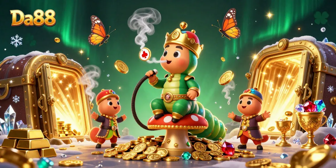 Experience the vibrant Da88 casino world with an enormous caterpillar character and dazzling treasures.