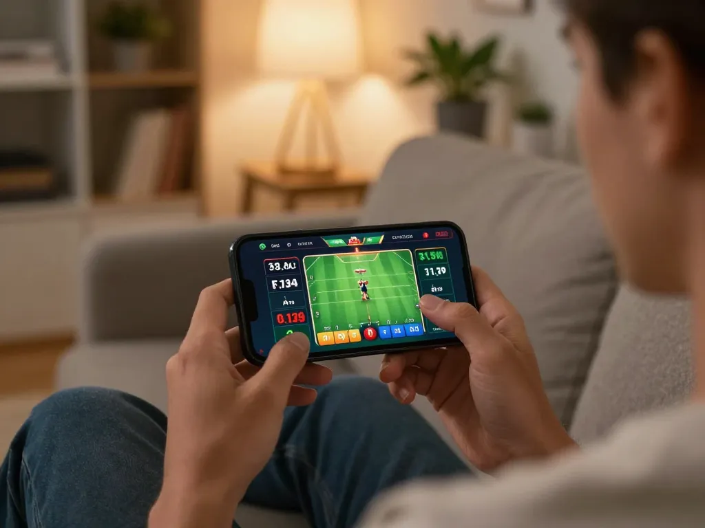 Player engaging with the XX88 sports betting app on smartphone, showcasing strategic gameplay in a cozy home