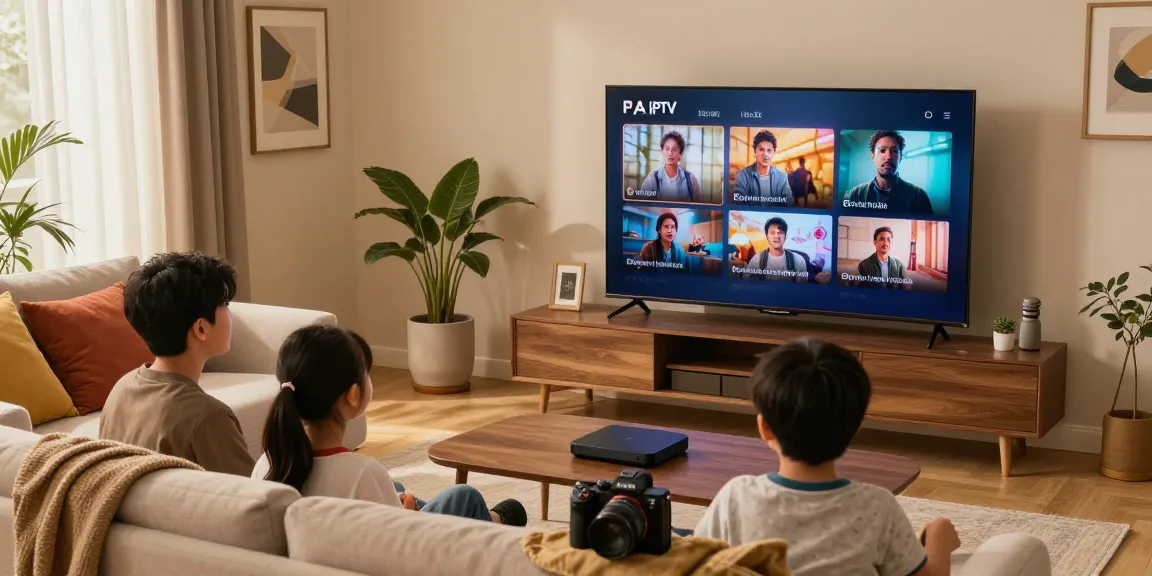 Família aproveitando IPTV em uma sala de estar aconchegante com decoração moderna e iluminação suave.