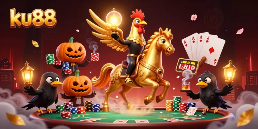 Engage with ku88's exciting casino atmosphere featuring a golden rooster and poker elements.