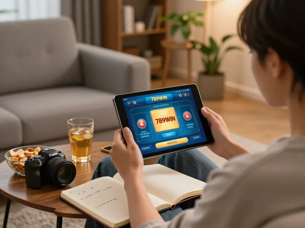 Engaging in online gambling with the 789win đăng nhập tablet in a cozy living room setting, showcasing strategic betting.