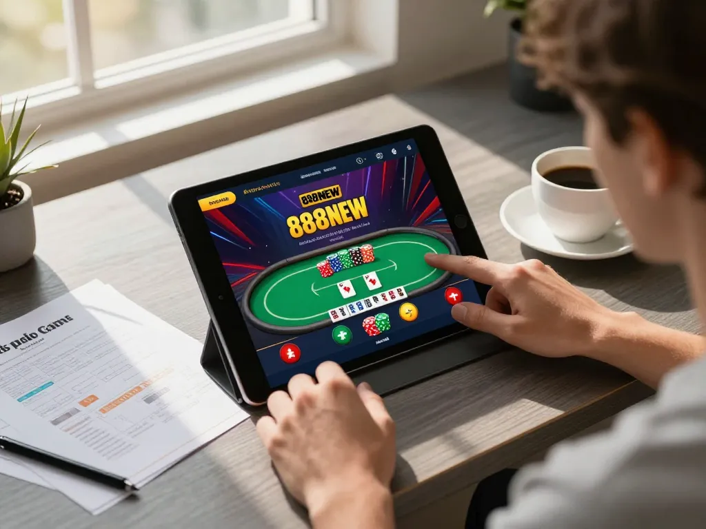 Engaged player exploring the 888NEW casino app for online poker gaming with strategic insights.