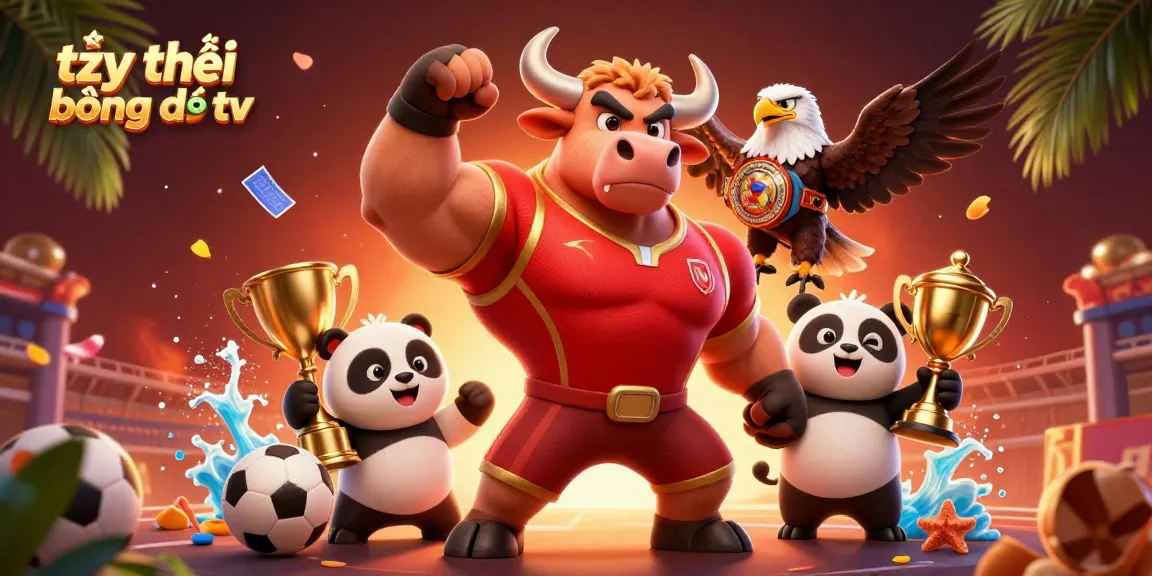 Experience exhilarating sports betting with tỷ lệ bóng đá tv, featuring a celebratory bull mascot and trophy-wide gambling action.