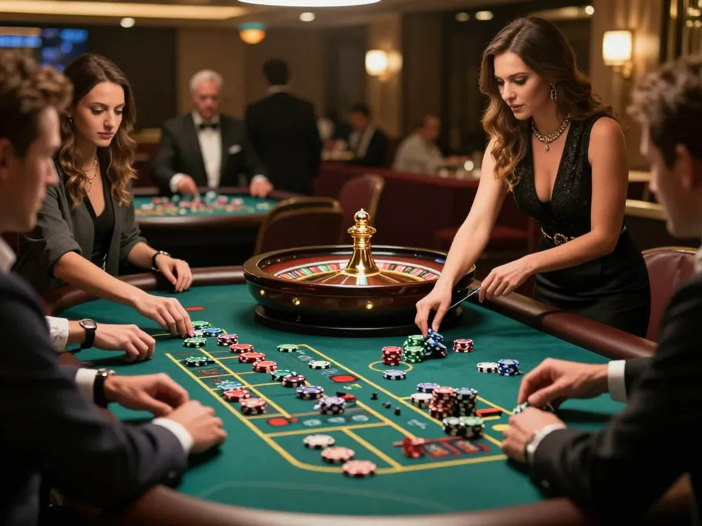 AA888 players enjoying a thrilling roulette game in a vibrant casino atmosphere with active betting.