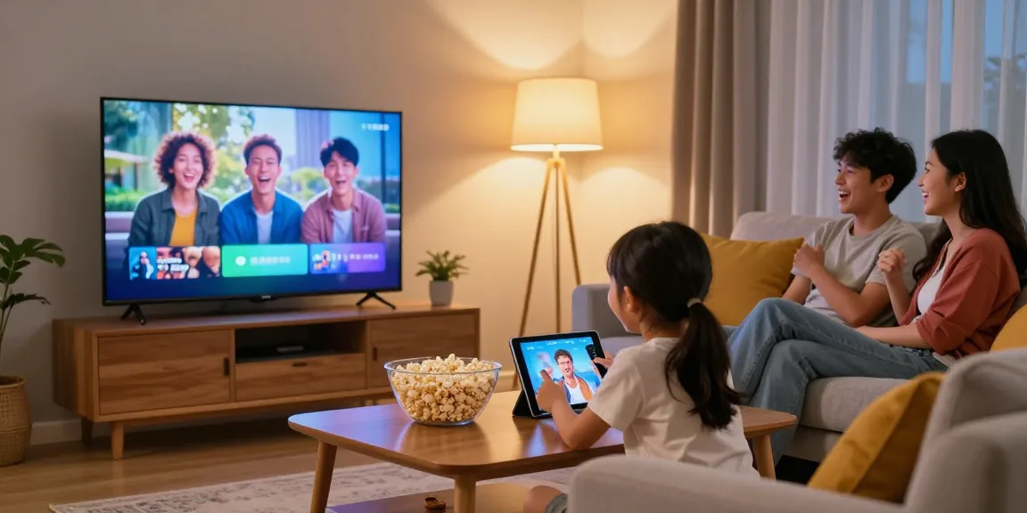 Aproveitando a melhor experiência de IPTV no Brasil com a família em casa, assistindo televisão.