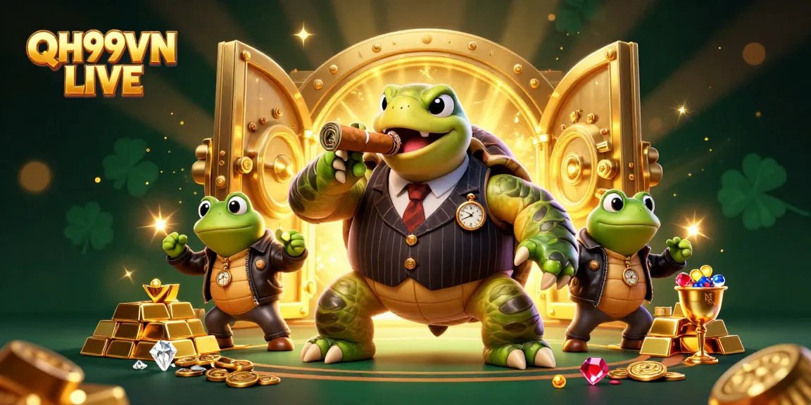 Experience winning at QH99VN LIVE with a vibrant casino scene featuring a turtle mobster and frog enforcers.