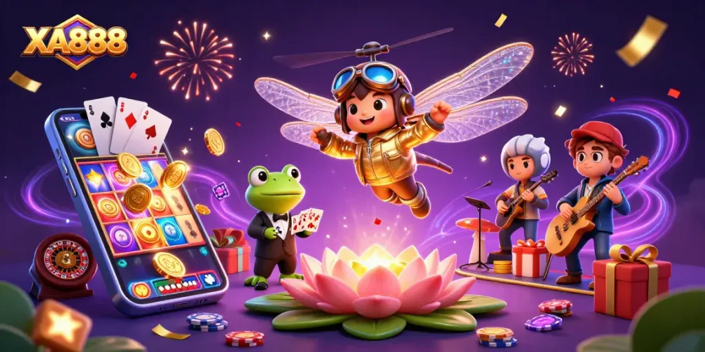 Experience the thrilling excitement of XA888 with vibrant casino action featuring cards and slots.