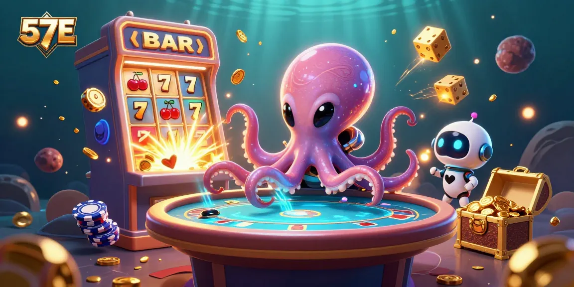 Engaging gaming scene with the 57E alien octopus hosting energetic poker play amidst vibrant casino elements.