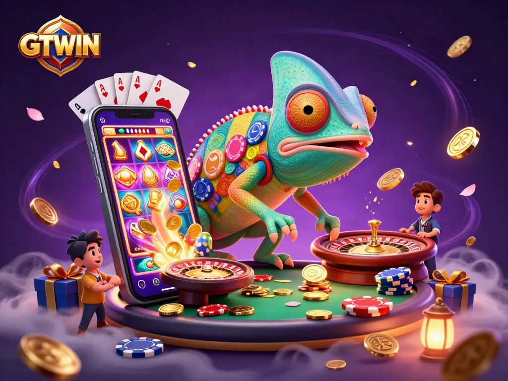 GTWIN chameleon casino owner grabs golden coins from a vibrant illustrative casino scene.