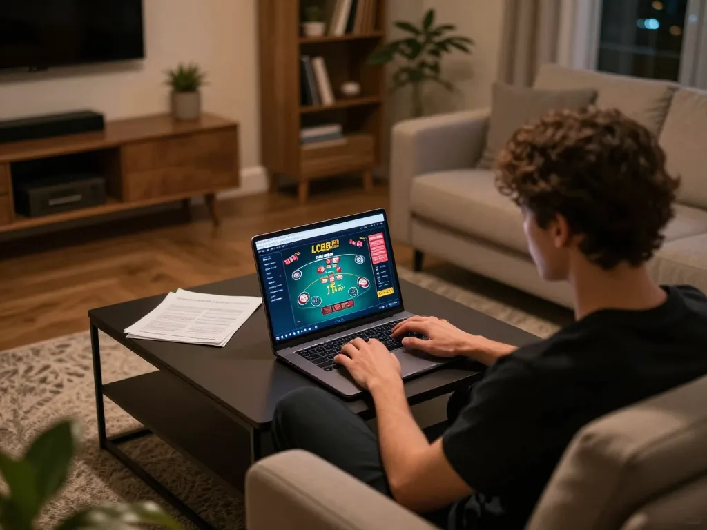 Engaged user at home playing on LC88 com, showcasing poker game strategies with notes.