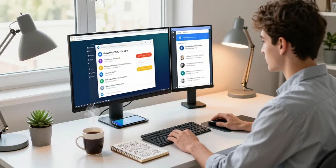 Using Telegram Web Version on a high-resolution monitor in a modern tech workspace.