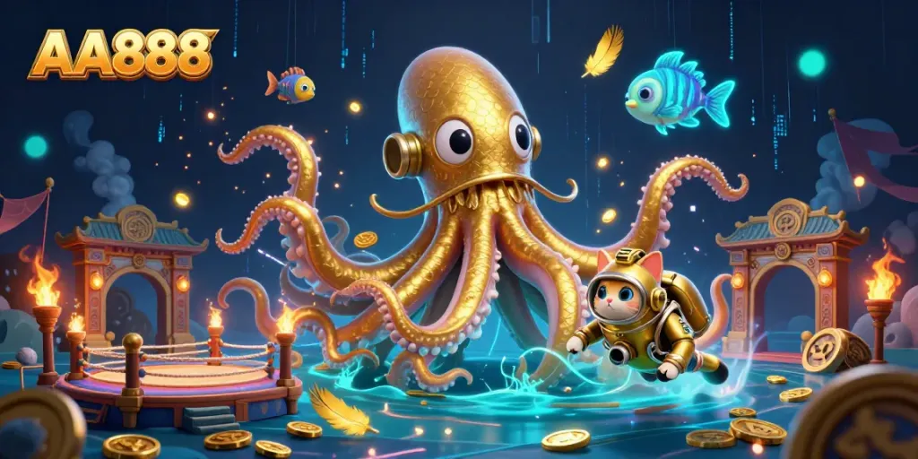 Experience the thrill of AA888 with a colossal kraken and a vintage diving cat amidst a treasure-filled ocean.