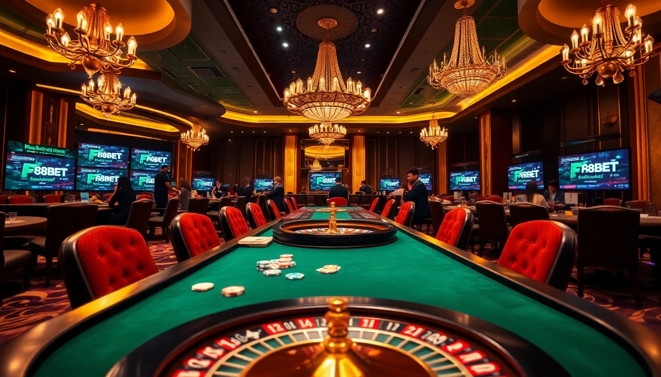 F8BET players enjoying a thrilling poker game at an upscale casino table atmosphere.