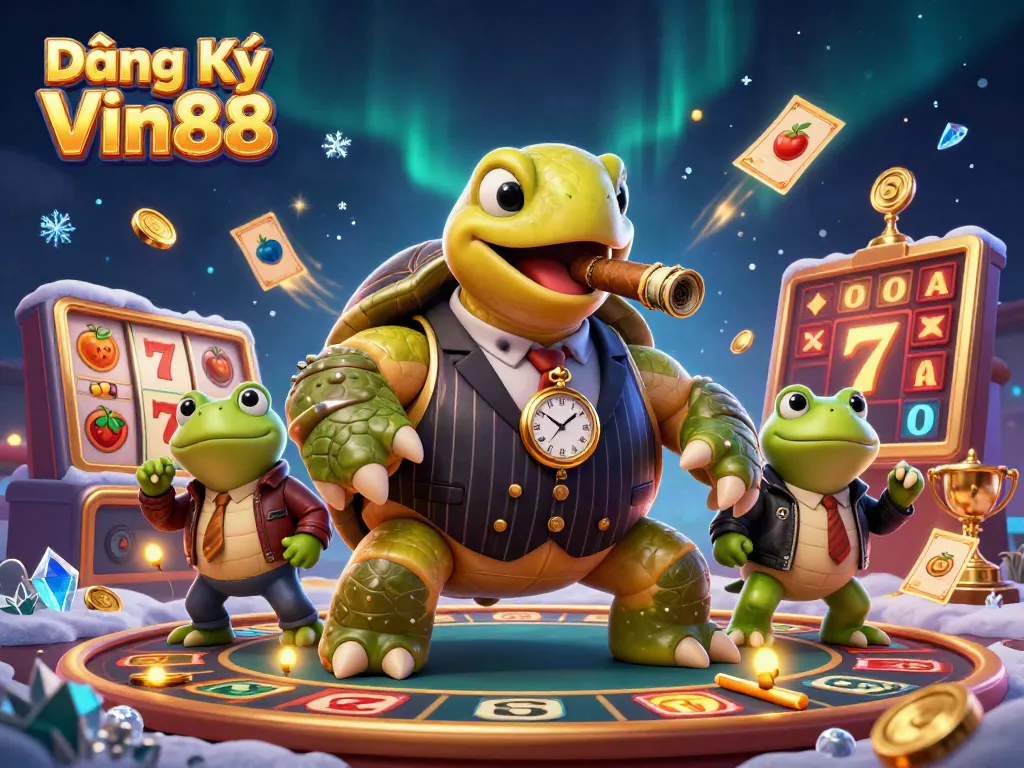 Engage with Đăng Ký Vin88 in an exciting casino adventure with characters and slot elements.