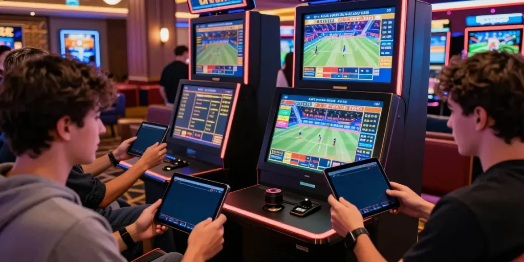Excited players at a high-tech sports betting kiosk engaging with live odds from https://fc88v1.com/ in a vibrant casino atmosphere.