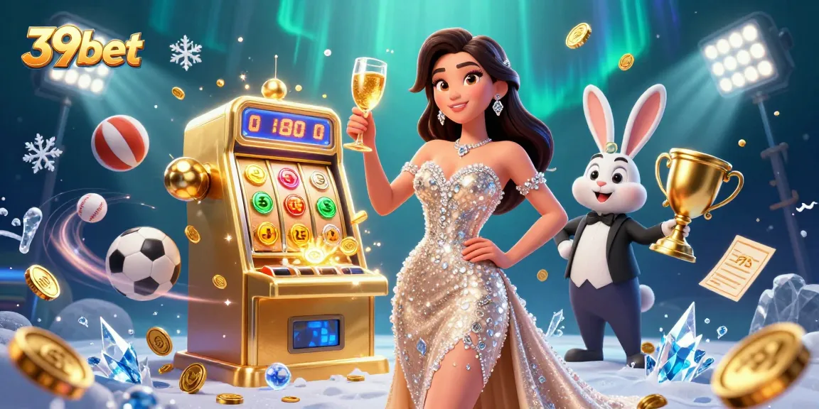 Experience thrilling wins at 39bet with a glamorous celebration by a jackpot slot machine.