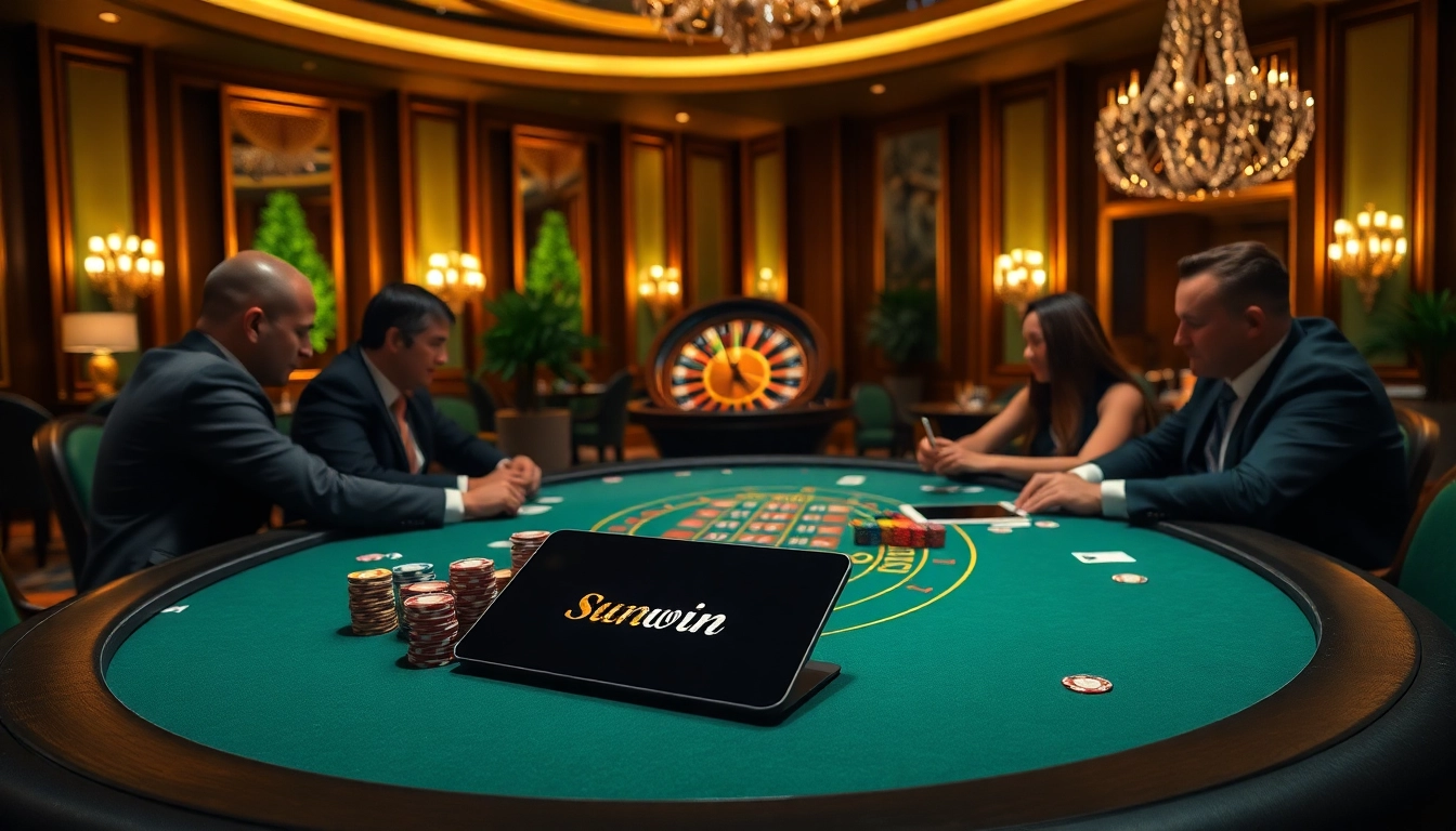 Intense poker game showcasing sunwin's luxurious gambling experience with poker chips and cards.