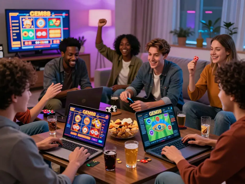 Friends enjoying a gaming session with GEM88, highlighting excitement and online casino fun.