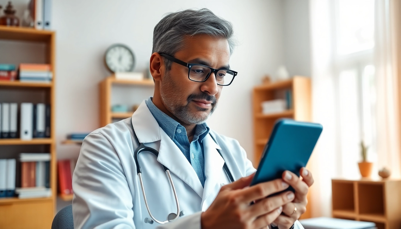 Text a licensed doctor online while a physician conducts a virtual consultation in a professional office.