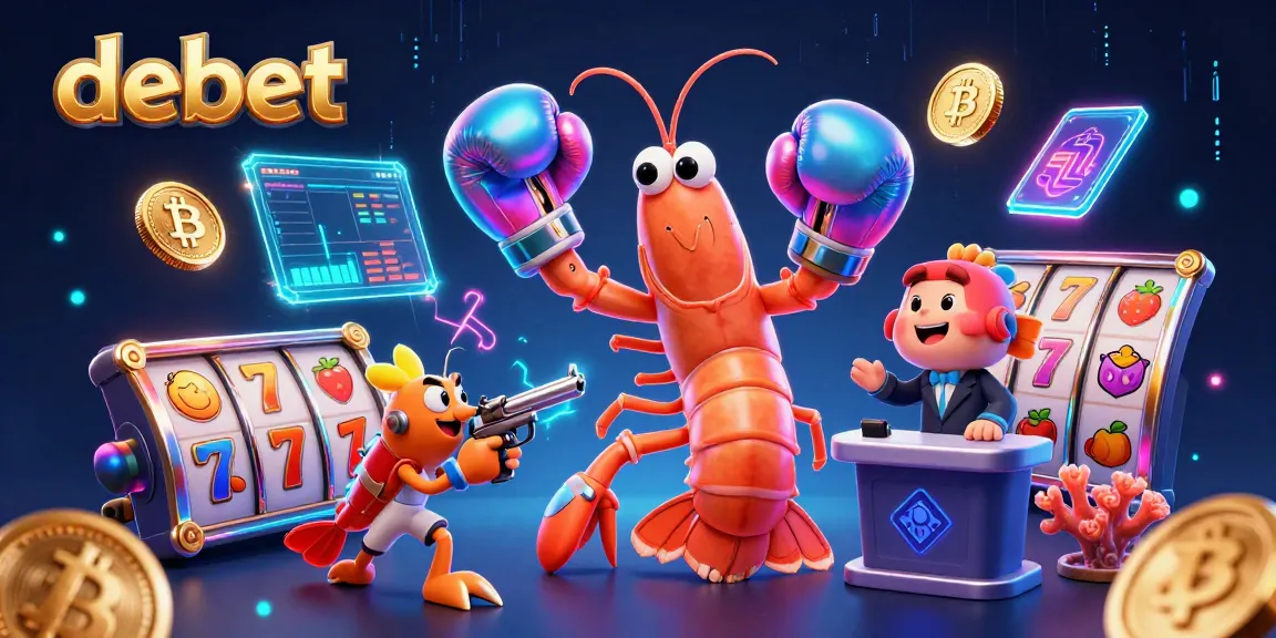 Engage with debet's dynamic online casino scene featuring vibrant characters and blockchain elements.
